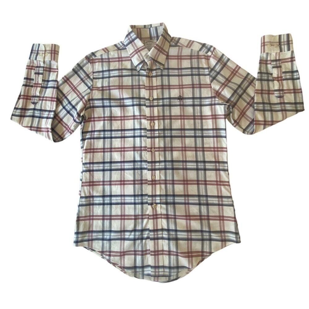 Brooks Brothers Mens Small Blue Red Gray Plaid Long Sleeve Button Down Shirt